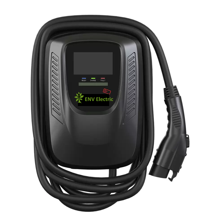 ENV Electric black wall-mounted EV charger with charging cable and LED status indicators.