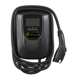 ENV Electric black wall-mounted EV charger with charging cable and LED status indicators.