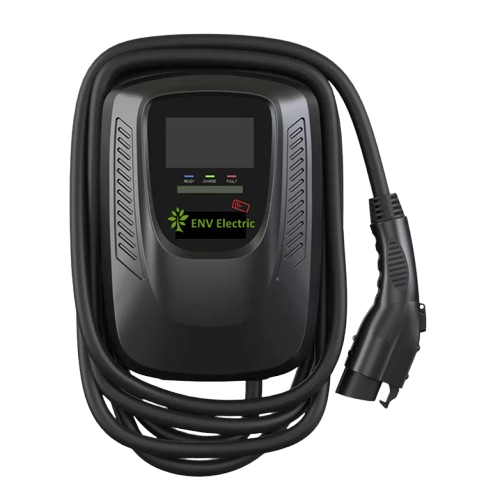 ENV Electric black wall-mounted EV charger with charging cable and LED status indicators.