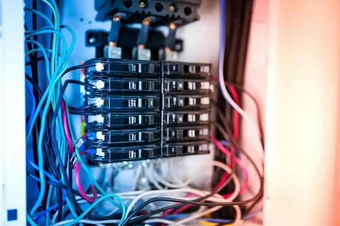 Close-up of a residential electrical breaker panel with multiple circuit breakers and wiring connections.