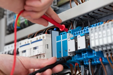 Electrician using multimeter probes to test wiring connections inside an electrical control panel.