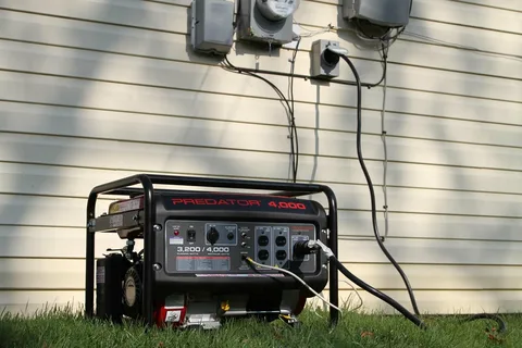 Portable Predator generator running and connected to a power inlet box on a house.