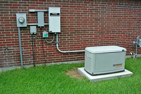Generac standby generator installation next to a brick house.