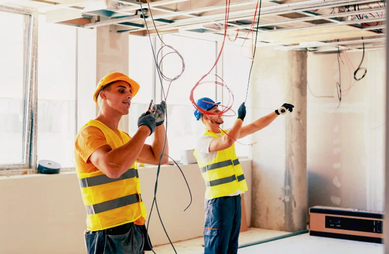 Two ENV Electric electricians perform new wiring installation in a dropped ceiling of a commercial building under construction, providing expert electrical services.