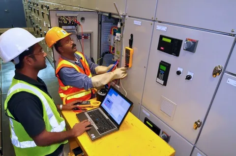 Advanced diagnostic and PLC programming as part of ENV Electric's Industrial Electrical Services in Oshawa Ontario, featuring a technician using a laptop for system configuration.