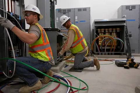 Two experienced electricians installing heavy-duty wiring in a commercial electrical room. ENV Electric delivers safe and compliant Electrical Services in Durham.