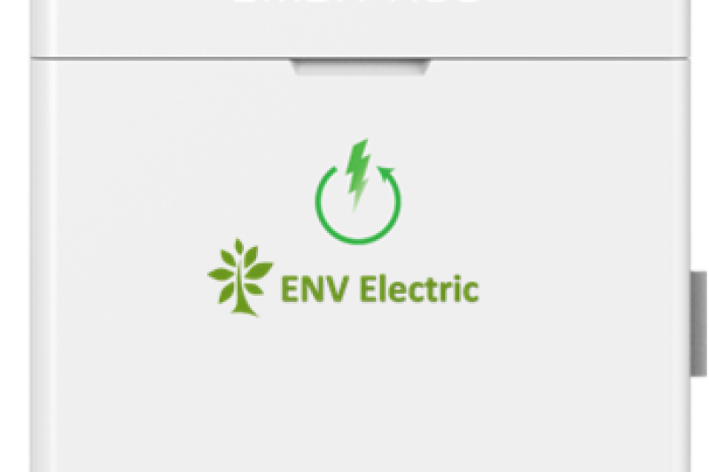 ENV Electric – Eco-Friendly Power Solutions ENV Electric logo displayed on a white electrical device featuring a green energy symbol and eco-friendly leaf design.